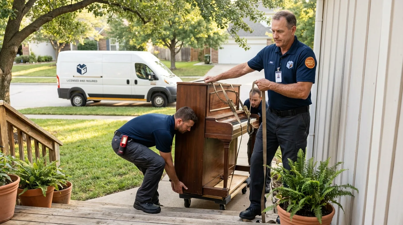 Licensed piano movers securing grand piano in Winfield, IL