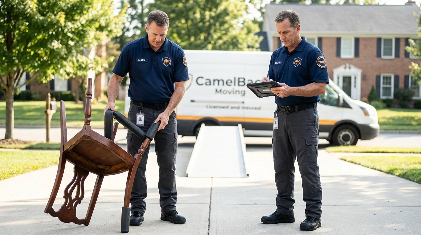 Movers inspecting furniture for damage prevention before loading in Winfield, IL