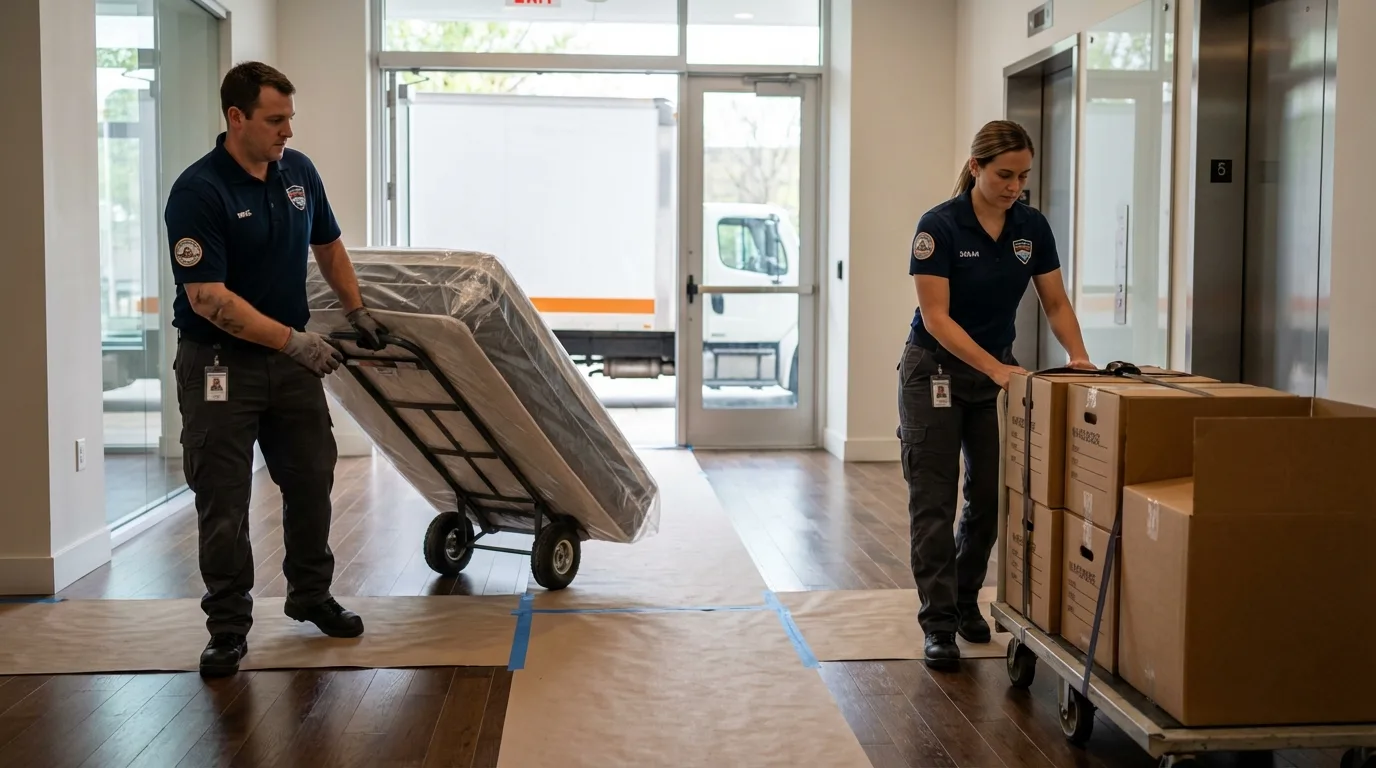 Professional apartment movers loading elevator in Winfield, IL